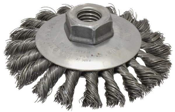 Weiler - 4" OD, 5/8-11 Arbor Hole, Knotted Steel Wheel Brush - 3/8" Face Width, 3/4" Trim Length, 0.014" Filament Diam, 12,500 RPM - Industrial Tool & Supply