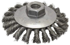 Weiler - 4" OD, 5/8-11 Arbor Hole, Knotted Steel Wheel Brush - 3/8" Face Width, 3/4" Trim Length, 0.014" Filament Diam, 12,500 RPM - Industrial Tool & Supply