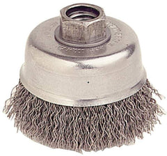 Weiler - 5" Diam, 5/8-11 Threaded Arbor, Stainless Steel Fill Cup Brush - 0.02 Wire Diam, 1-1/4" Trim Length, 8,000 Max RPM - Industrial Tool & Supply
