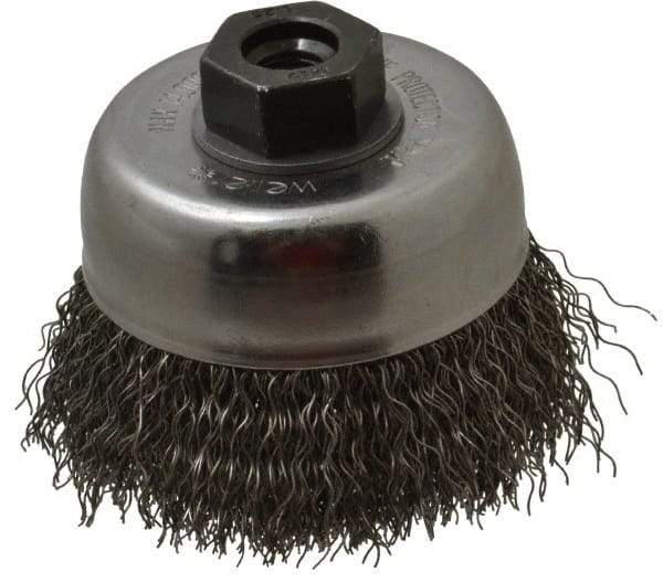 Weiler - 3" Diam, M10x1.25 Threaded Arbor, Steel Fill Cup Brush - 0.014 Wire Diam, 7/8" Trim Length, 14,000 Max RPM - Industrial Tool & Supply