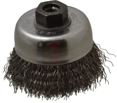 Weiler - 3" Diam, M10x1.25 Threaded Arbor, Steel Fill Cup Brush - 0.014 Wire Diam, 7/8" Trim Length, 14,000 Max RPM - Industrial Tool & Supply