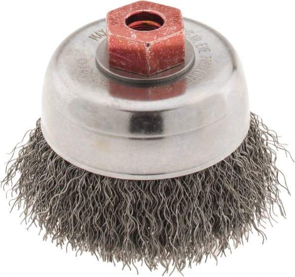 Weiler - 3" Diam, M10x1.50 Threaded Arbor, Steel Fill Cup Brush - 0.014 Wire Diam, 7/8" Trim Length, 14,000 Max RPM - Industrial Tool & Supply