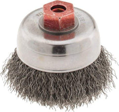 Weiler - 3" Diam, M10x1.50 Threaded Arbor, Steel Fill Cup Brush - 0.014 Wire Diam, 7/8" Trim Length, 14,000 Max RPM - Industrial Tool & Supply