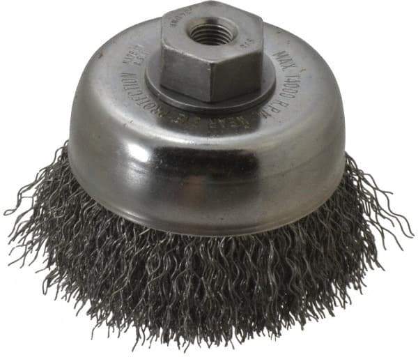 Weiler - 3" Diam, 3/8-24 Threaded Arbor, Steel Fill Cup Brush - 0.014 Wire Diam, 7/8" Trim Length, 14,000 Max RPM - Industrial Tool & Supply