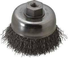 Weiler - 3" Diam, 3/8-24 Threaded Arbor, Steel Fill Cup Brush - 0.014 Wire Diam, 7/8" Trim Length, 14,000 Max RPM - Industrial Tool & Supply