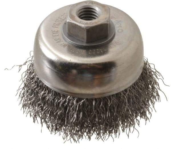 Weiler - 3" Diam, 1/2-13 Threaded Arbor, Steel Fill Cup Brush - 0.014 Wire Diam, 7/8" Trim Length, 14,000 Max RPM - Industrial Tool & Supply