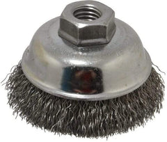 Weiler - 3-1/2" Diam, 5/8-11 Threaded Arbor, Steel Fill Cup Brush - 0.014 Wire Diam, 7/8" Trim Length, 12,000 Max RPM - Industrial Tool & Supply