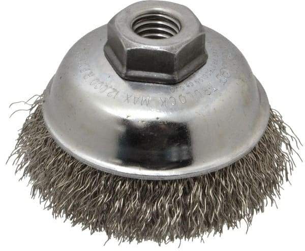 Weiler - 3-1/2" Diam, 5/8-11 Threaded Arbor, Stainless Steel Fill Cup Brush - 0.014 Wire Diam, 7/8" Trim Length, 12,000 Max RPM - Industrial Tool & Supply