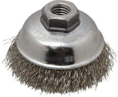 Weiler - 3-1/2" Diam, 5/8-11 Threaded Arbor, Stainless Steel Fill Cup Brush - 0.014 Wire Diam, 7/8" Trim Length, 12,000 Max RPM - Industrial Tool & Supply