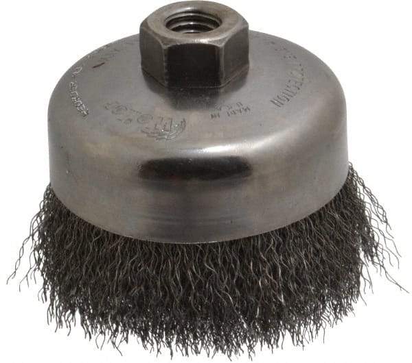 Weiler - 4" Diam, 5/8-11 Threaded Arbor, Steel Fill Cup Brush - 0.0118 Wire Diam, 1-3/8" Trim Length, 9,000 Max RPM - Industrial Tool & Supply