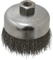 Weiler - 4" Diam, 5/8-11 Threaded Arbor, Steel Fill Cup Brush - 0.014 Wire Diam, 1-3/8" Trim Length, 9,000 Max RPM - Industrial Tool & Supply