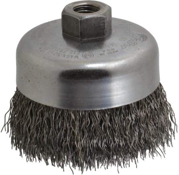 Weiler - 4" Diam, 5/8-11 Threaded Arbor, Steel Fill Cup Brush - 0.02 Wire Diam, 1-3/8" Trim Length, 9,000 Max RPM - Industrial Tool & Supply