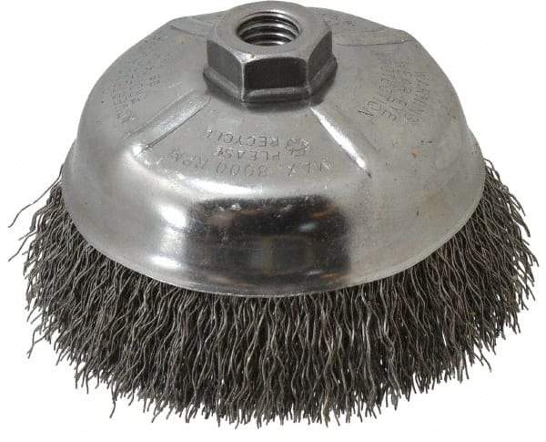 Weiler - 5" Diam, 5/8-11 Threaded Arbor, Steel Fill Cup Brush - 0.02 Wire Diam, 1-1/4" Trim Length, 8,000 Max RPM - Industrial Tool & Supply