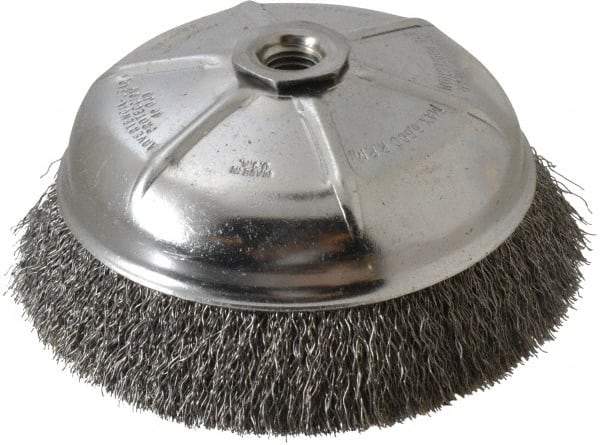 Weiler - 6" Diam, 5/8-11 Threaded Arbor, Steel Fill Cup Brush - 0.014 Wire Diam, 1-1/4" Trim Length, 6,600 Max RPM - Industrial Tool & Supply