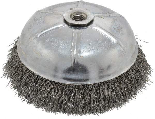 Weiler - 6" Diam, 5/8-11 Threaded Arbor, Steel Fill Cup Brush - 0.02 Wire Diam, 1-1/4" Trim Length, 6,600 Max RPM - Industrial Tool & Supply
