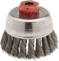 Weiler - 2-3/4" Diam, M10x1.50 Threaded Arbor, Steel Fill Cup Brush - 0.014 Wire Diam, 7/8" Trim Length, 14,000 Max RPM - Industrial Tool & Supply