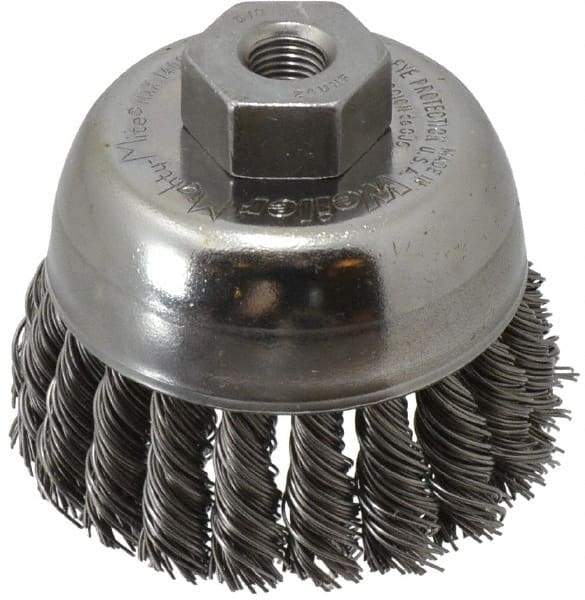 Weiler - 2-3/4" Diam, 3/8-24 Threaded Arbor, Steel Fill Cup Brush - 0.02 Wire Diam, 7/8" Trim Length, 14,000 Max RPM - Industrial Tool & Supply
