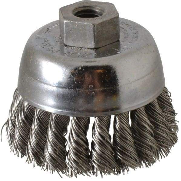 Weiler - 2-3/4" Diam, 1/2-13 Threaded Arbor, Stainless Steel Fill Cup Brush - 0.02 Wire Diam, 7/8" Trim Length, 14,000 Max RPM - Industrial Tool & Supply