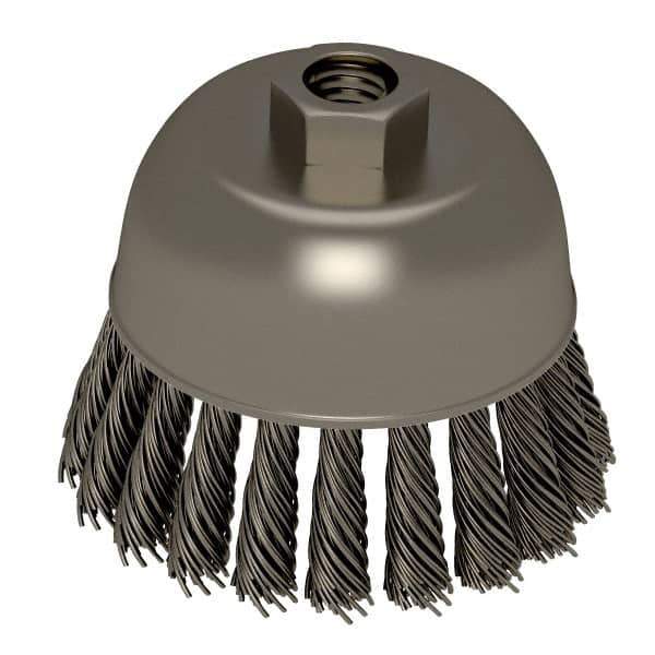 Weiler - 2-3/4" Diam, 5/8-11 Threaded Arbor, Stainless Steel Fill Cup Brush - 0.02 Wire Diam, 7/8" Trim Length, 14,000 Max RPM - Industrial Tool & Supply