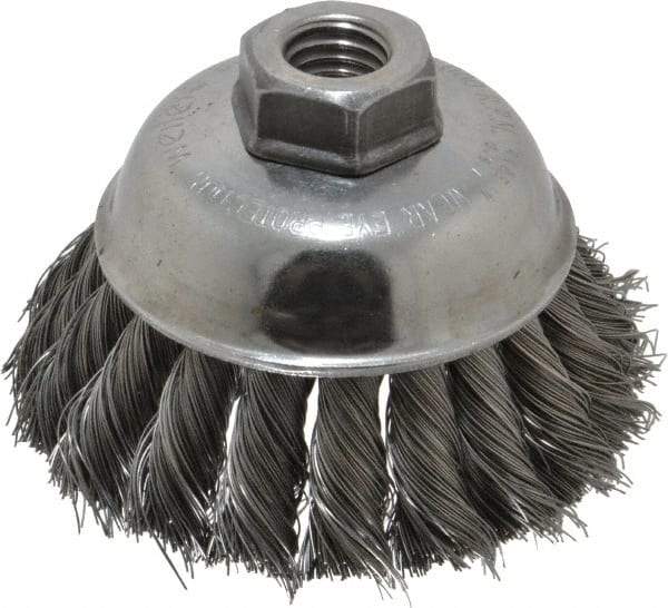 Weiler - 3-1/2" Diam, 5/8-11 Threaded Arbor, Steel Fill Cup Brush - 0.014 Wire Diam, 1-1/4" Trim Length, 9,000 Max RPM - Industrial Tool & Supply