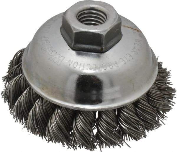 Weiler - 3-1/2" Diam, 5/8-11 Threaded Arbor, Steel Fill Cup Brush - 0.023 Wire Diam, 7/8" Trim Length, 13,000 Max RPM - Industrial Tool & Supply