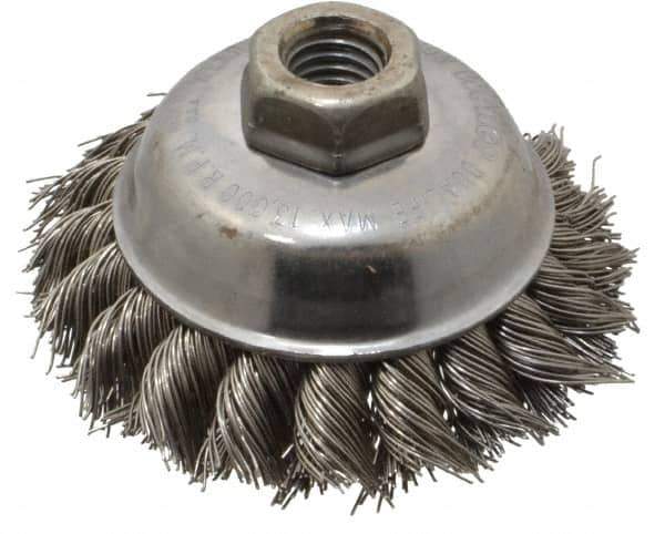 Weiler - 3-1/2" Diam, 5/8-11 Threaded Arbor, Stainless Steel Fill Cup Brush - 0.023 Wire Diam, 7/8" Trim Length, 13,000 Max RPM - Industrial Tool & Supply