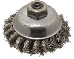 Weiler - 3-1/2" Diam, 5/8-11 Threaded Arbor, Stainless Steel Fill Cup Brush - 0.023 Wire Diam, 7/8" Trim Length, 13,000 Max RPM - Industrial Tool & Supply