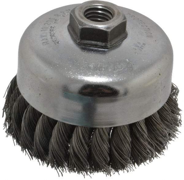 Weiler - 4" Diam, 5/8-11 Threaded Arbor, Steel Fill Cup Brush - 0.014 Wire Diam, 1-1/4" Trim Length, 9,000 Max RPM - Industrial Tool & Supply