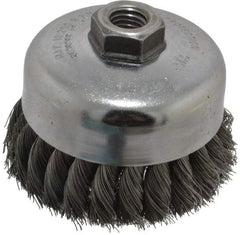 Weiler - 4" Diam, 5/8-11 Threaded Arbor, Steel Fill Cup Brush - 0.014 Wire Diam, 1-1/4" Trim Length, 9,000 Max RPM - Industrial Tool & Supply