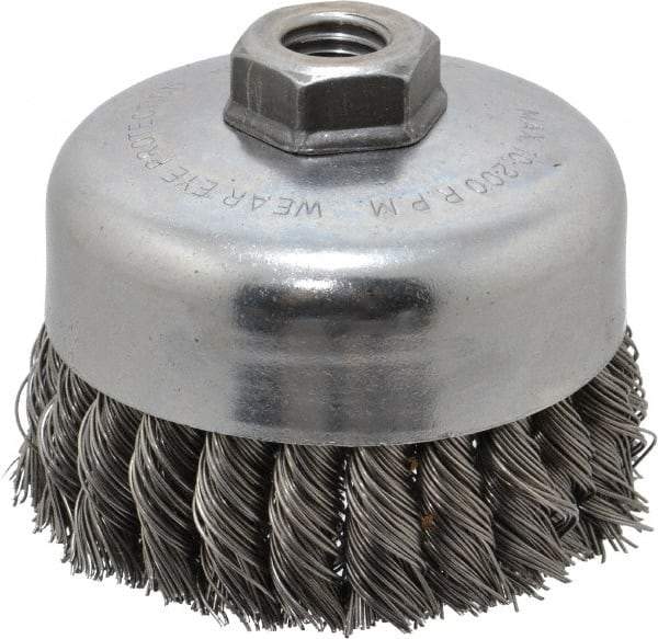 Weiler - 4" Diam, 5/8-11 Threaded Arbor, Steel Fill Cup Brush - 0.023 Wire Diam, 1-1/4" Trim Length, 9,000 Max RPM - Industrial Tool & Supply