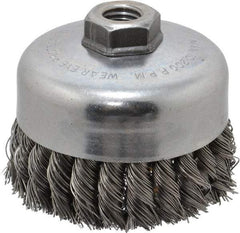 Weiler - 4" Diam, 5/8-11 Threaded Arbor, Steel Fill Cup Brush - 0.023 Wire Diam, 1-1/4" Trim Length, 9,000 Max RPM - Industrial Tool & Supply