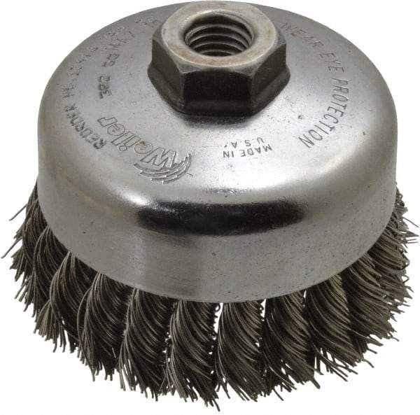 Weiler - 4" Diam, 5/8-11 Threaded Arbor, Stainless Steel Fill Cup Brush - 0.023 Wire Diam, 1-1/4" Trim Length, 9,000 Max RPM - Industrial Tool & Supply