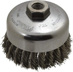 Weiler - 4" Diam, 5/8-11 Threaded Arbor, Stainless Steel Fill Cup Brush - 0.023 Wire Diam, 1-1/4" Trim Length, 9,000 Max RPM - Industrial Tool & Supply