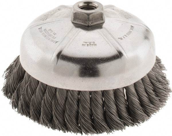 Weiler - 6" Diam, 5/8-11 Threaded Arbor, Steel Fill Cup Brush - 0.014 Wire Diam, 1-3/8" Trim Length, 6,600 Max RPM - Industrial Tool & Supply