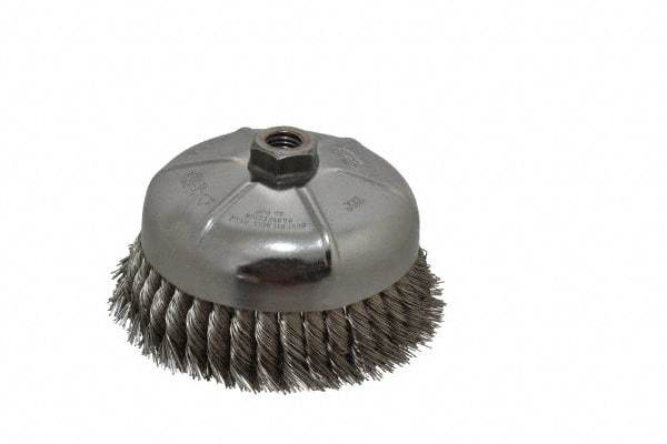 Weiler - 6" Diam, 5/8-11 Threaded Arbor, Stainless Steel Fill Cup Brush - 0.023 Wire Diam, 1-3/8" Trim Length, 6,600 Max RPM - Industrial Tool & Supply