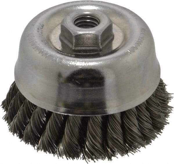 Weiler - 4" Diam, 5/8-11 Threaded Arbor, Steel Fill Cup Brush - 0.02 Wire Diam, 1-3/8" Trim Length, 9,000 Max RPM - Industrial Tool & Supply