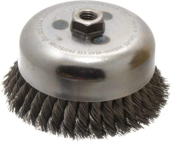 Weiler - 6" Diam, 5/8-11 Threaded Arbor, Steel Fill Cup Brush - 0.023 Wire Diam, 1-3/8" Trim Length, 6,600 Max RPM - Industrial Tool & Supply