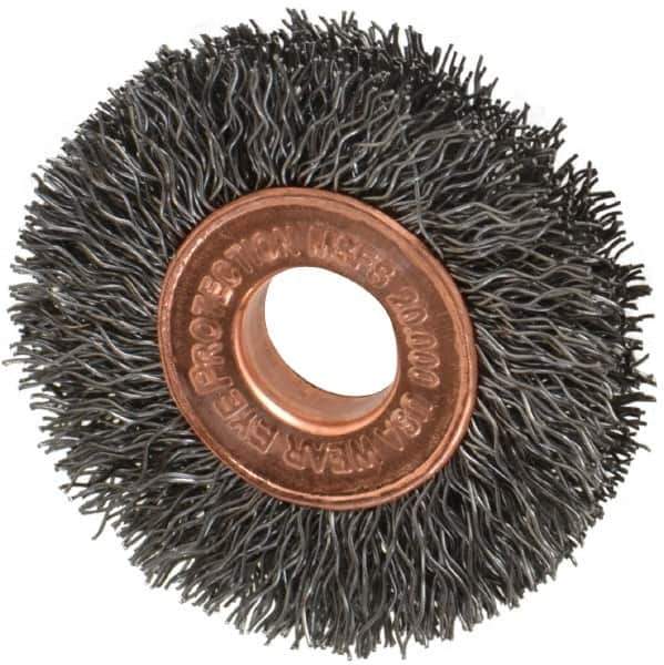 Weiler - 1-1/2" OD, 3/8" Arbor Hole, Crimped Steel Wheel Brush - 1/4" Face Width, 7/16" Trim Length, 0.0104" Filament Diam, 20,000 RPM - Industrial Tool & Supply