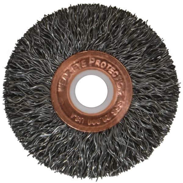Weiler - 2" OD, 1/2" Arbor Hole, Crimped Steel Wheel Brush - 3/8" Face Width, 1/2" Trim Length, 0.0118" Filament Diam, 20,000 RPM - Industrial Tool & Supply