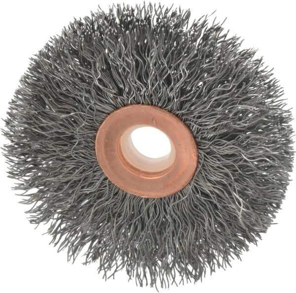 Weiler - 2-1/2" OD, 1/2" Arbor Hole, Crimped Steel Wheel Brush - 1/2" Face Width, 3/4" Trim Length, 0.0118" Filament Diam, 20,000 RPM - Industrial Tool & Supply
