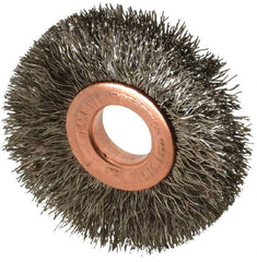 Weiler - 2" OD, 1/2" Arbor Hole, Crimped Stainless Steel Wheel Brush - 3/8" Face Width, 1/2" Trim Length, 0.0104" Filament Diam, 20,000 RPM - Industrial Tool & Supply