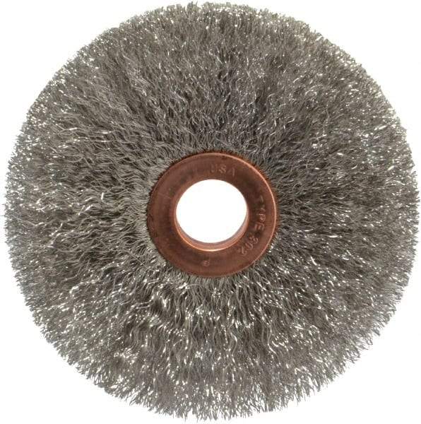 Weiler - 3" OD, 1/2" Arbor Hole, Crimped Stainless Steel Wheel Brush - 5/8" Face Width, 1" Trim Length, 0.006" Filament Diam, 20,000 RPM - Industrial Tool & Supply