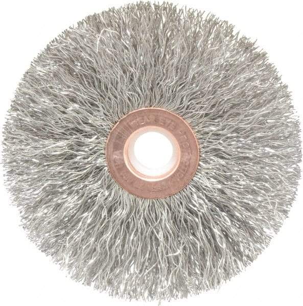 Weiler - 3" OD, 1/2" Arbor Hole, Crimped Stainless Steel Wheel Brush - 5/8" Face Width, 1" Trim Length, 0.0118" Filament Diam, 20,000 RPM - Industrial Tool & Supply