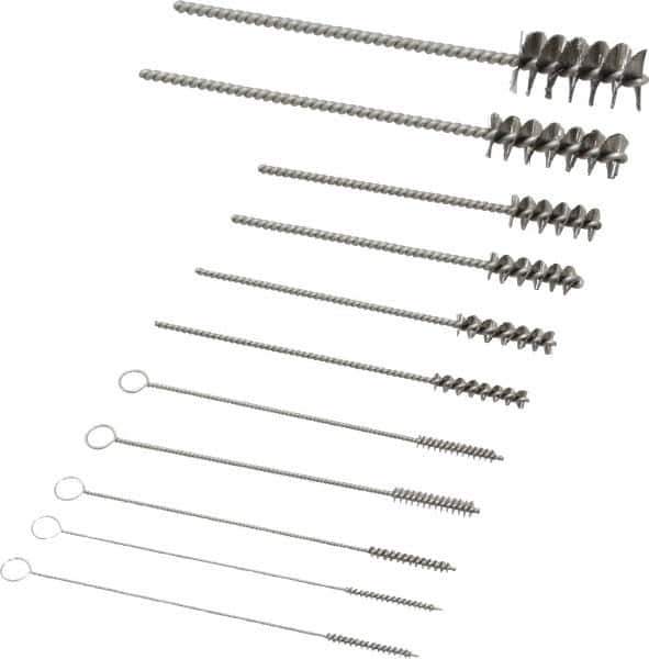 PRO-SOURCE - 11 Piece Stainless Steel Hand Tube Brush Set - 3/4" to 1-1/2" Brush Length, 4" OAL, 0.034" Shank Diam, Includes Brush Diams 1/4", 5/16", 3/8", 1/2" & 3/4" - Industrial Tool & Supply
