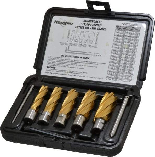 Hougen - 9 Piece, 9/16 to 1-1/16" Cutter Diam, 2" Cutting Depth, High Speed Steel Annular Cutter Set - TiN Finish, 3/4" Shank Diam, 9/16, 11/16, 13/16, 15/16, 1-1/16" Cutter Diams, 2 Flats on Shank - Industrial Tool & Supply