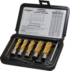 Hougen - 9 Piece, 9/16 to 1-1/16" Cutter Diam, 2" Cutting Depth, High Speed Steel Annular Cutter Set - TiN Finish, 3/4" Shank Diam, 9/16, 11/16, 13/16, 15/16, 1-1/16" Cutter Diams, 2 Flats on Shank - Industrial Tool & Supply