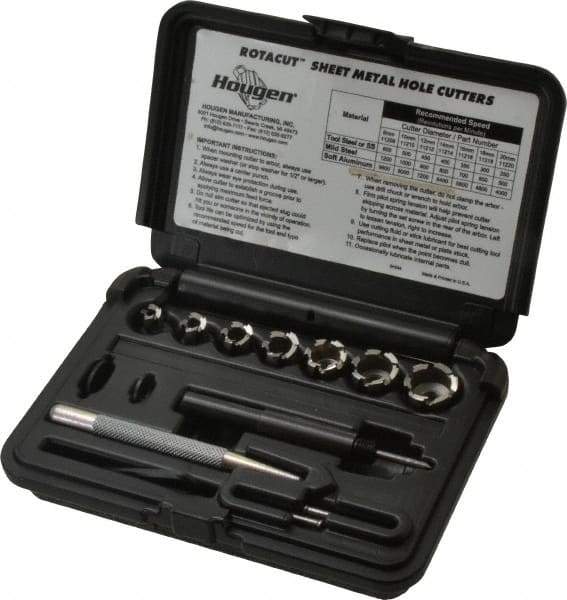 Hougen - 10 Piece, 8 to 20mm Cutter Diam, 1/4" Cutting Depth, High Speed Steel Annular Cutter Set - Bright Finish, 3/8" Shank Diam, 8, 10, 12, 14, 16, 18, 20mm Cutter Diams - Industrial Tool & Supply