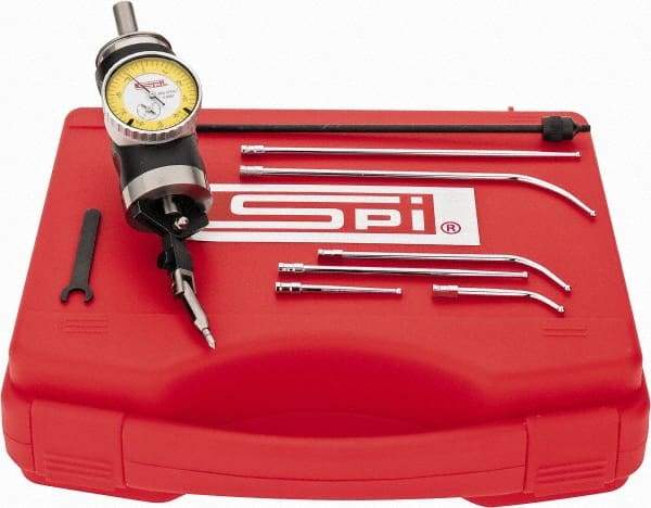 SPI - 9 Piece, 0" to 1/4" Measuring Range, 1.6" Dial Diam, 0-50 Dial Reading, White Dial Test Indicator Kit - 0.005mm Accuracy, 2, 4 & 6" Contact Point Length, 1/8" Ball Diam, 0.0005" Dial Graduation - Industrial Tool & Supply