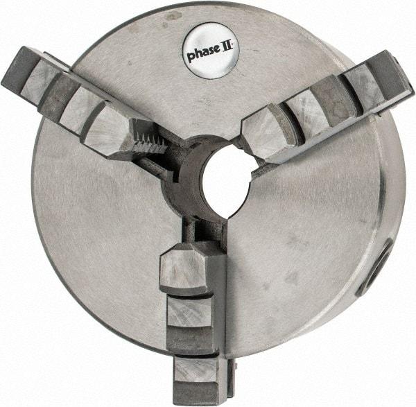 Phase II - 3 Jaws, 5" Diam, Self Centering Manual Lathe Chuck - Plain Back Mount Spindle, Reversible, 1.18" Through Hole Diam, Cast Iron - Industrial Tool & Supply