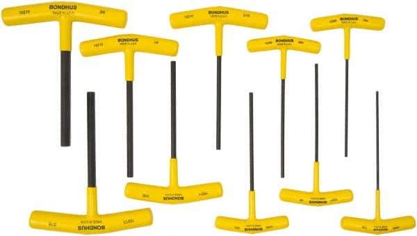 Bondhus - 10 Piece T-Handle Cushion Grip Hex Key Set - Hex Range 3/32 to 3/8", 6" OAL, Protanium High Torque Steel - Industrial Tool & Supply